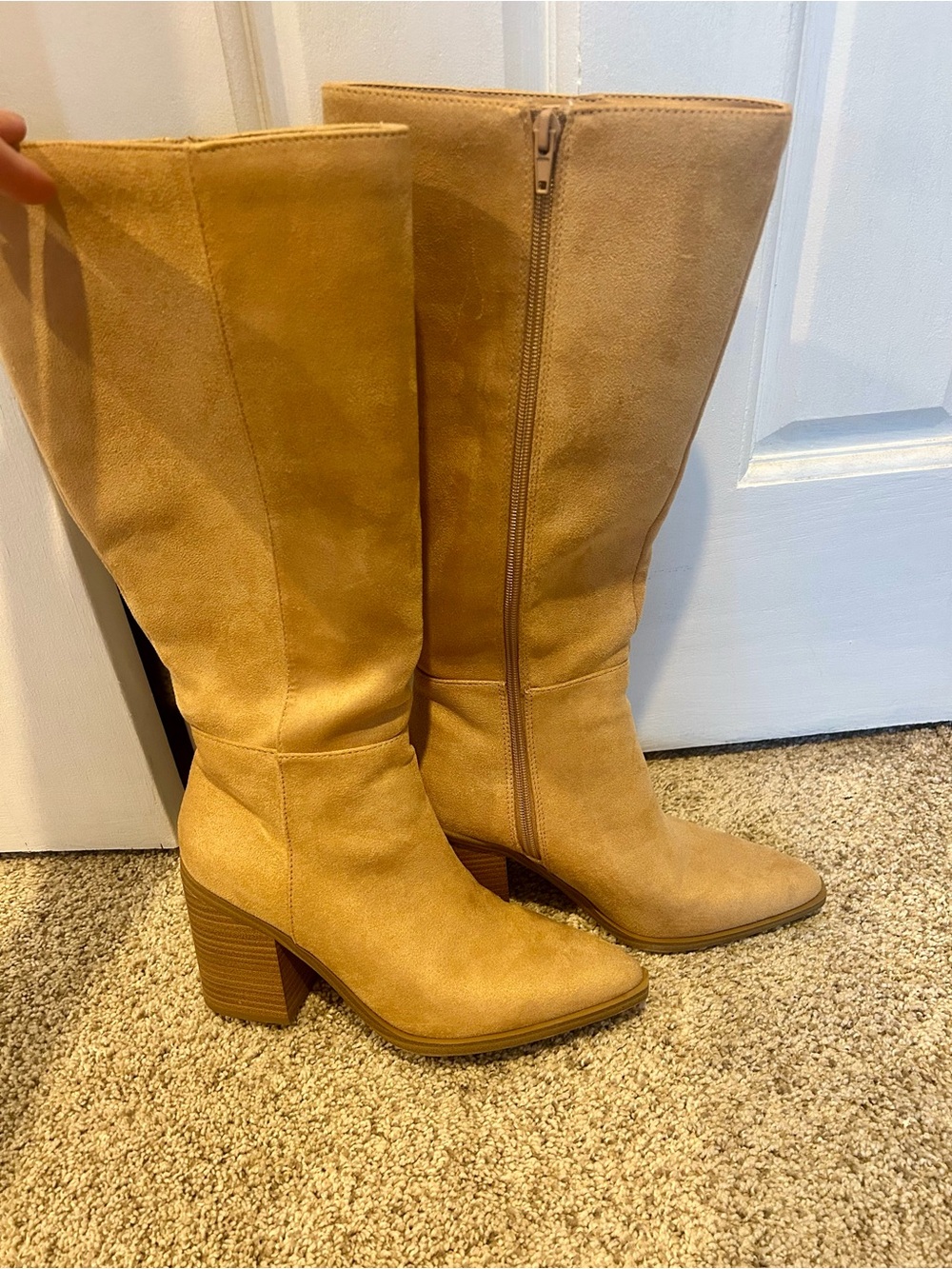 Soda Tan Suede Knee-High Block Heel Boots